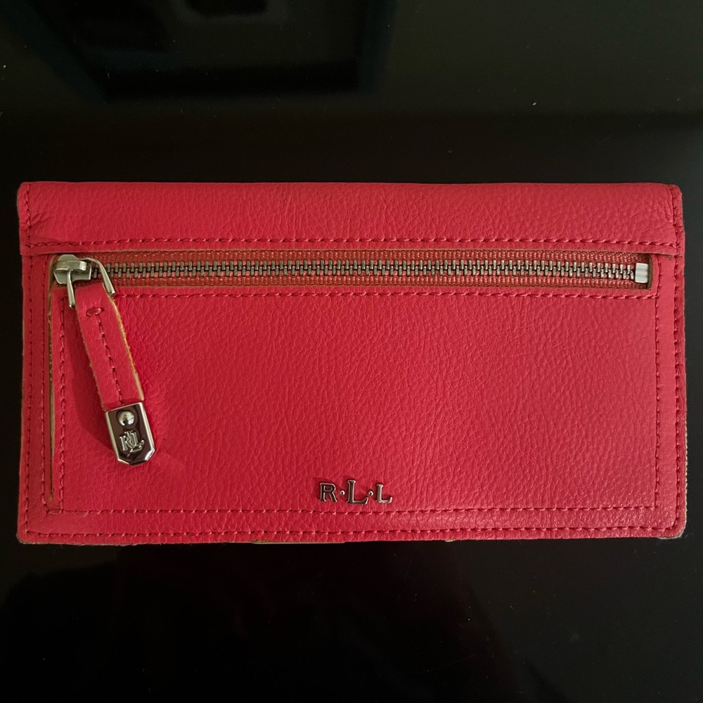 Ralph Lauren RLL Pink Leather and Tan Interior Wallet Checkbook Clutch Organizer